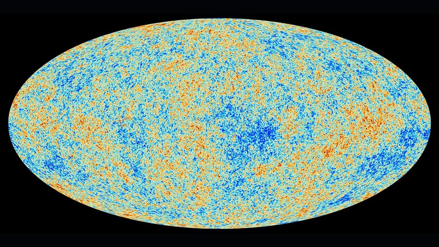 Oval all-sky Planck map mottled blue, yellow, and orange, showing tiny temperature differences in the cosmic microwave background.