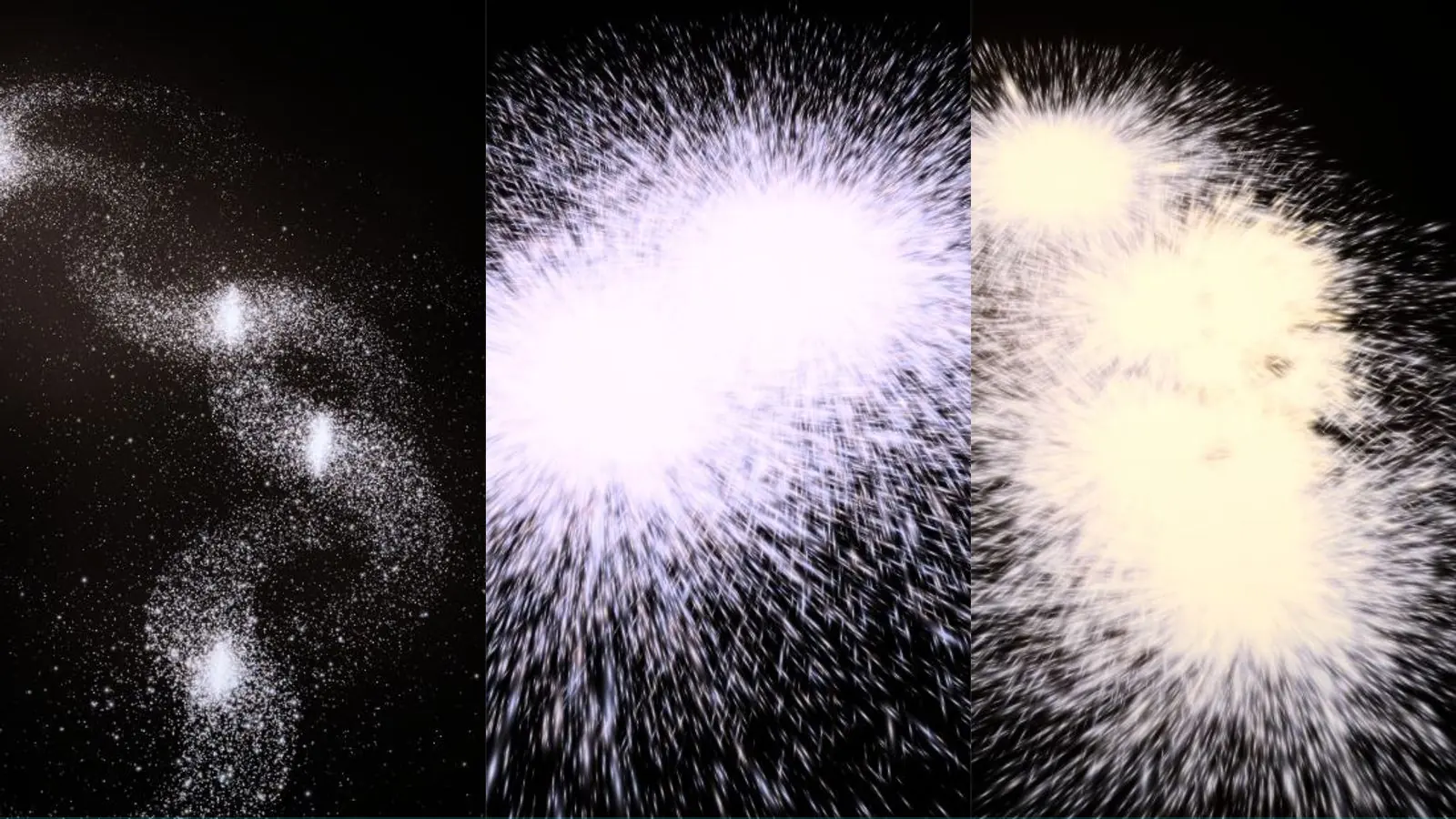 Three product-rendered universes: a web of galaxies, matter racing outward, and bright matter collapsing into dense knots.